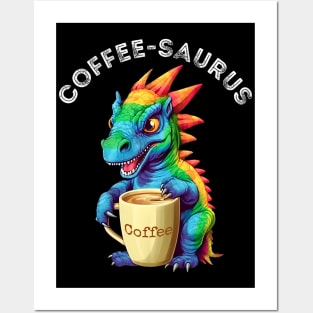 Cute Rainbow Dinosaur T-Rex - Coffee-saurus - Kawaii Anime Dino & Coffee Lover Posters and Art